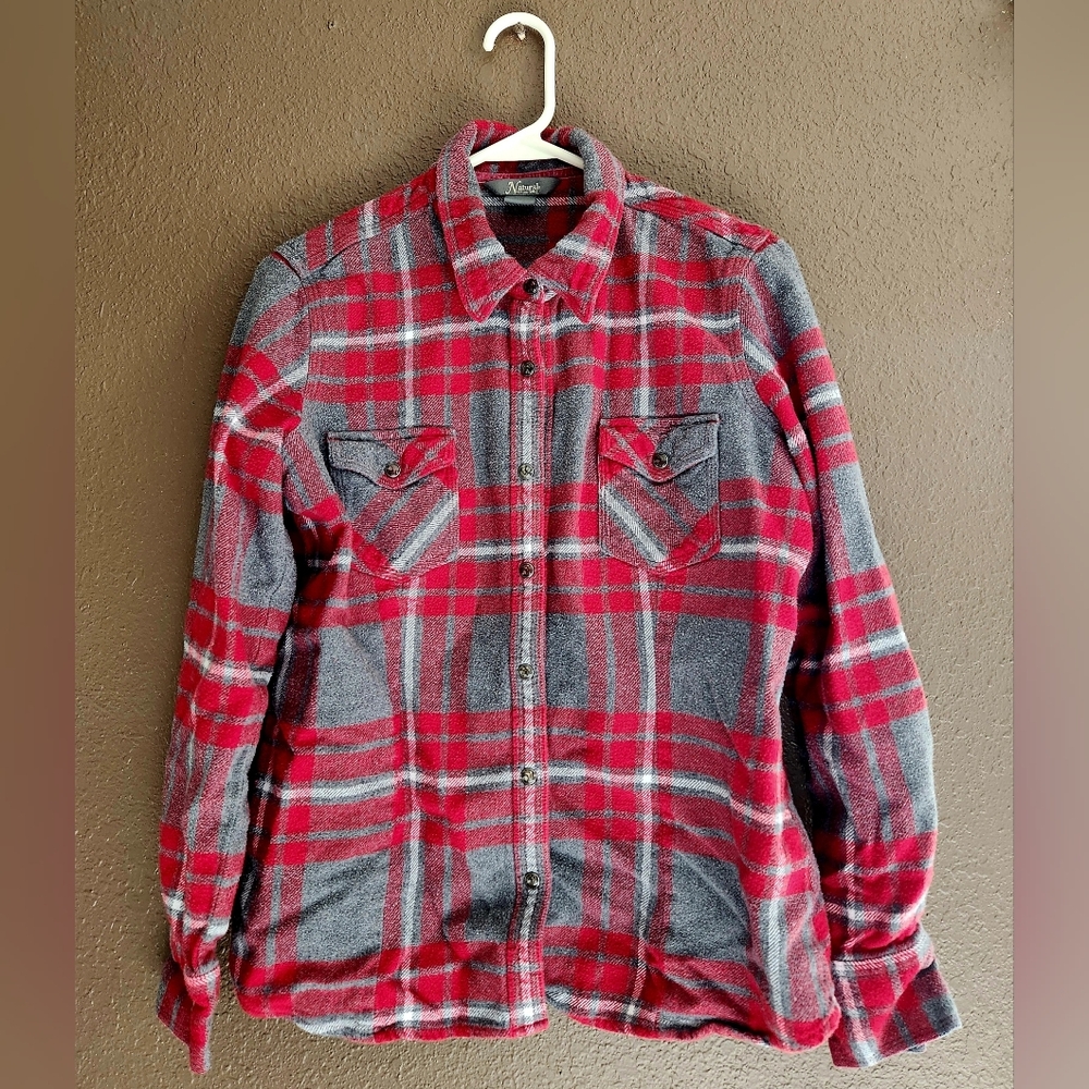 Natural Reflections Red and Gray Plaid Shirt Size L